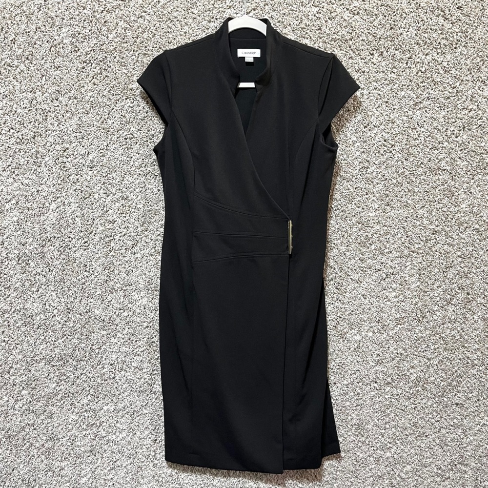 Calvin Klein Dress Women's 10 Black Cap Sleeve Faux Wrap Sheath NWT